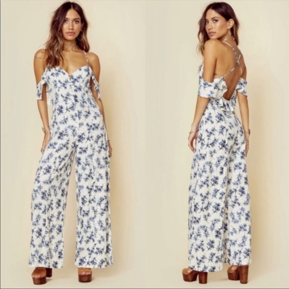 Anthropology Blue and White Floral Jumpsuit